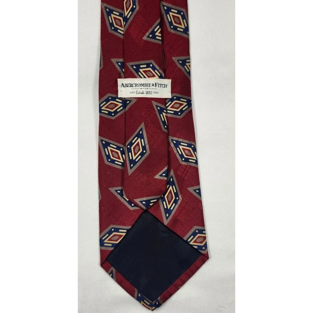 Vintage Abercrombie & Fitch Italian Silk Tie Red Gold Diamond Geometric Evil Eye